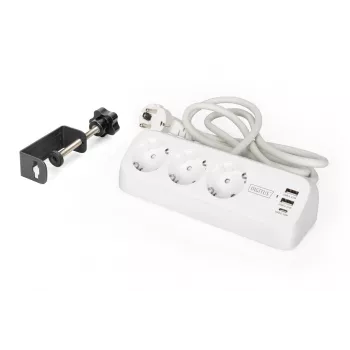 Power strip DIGITUS 3-way with 2×USB-A and 1×USB-C, 3 AC outlets Type E/F, 1.5 m cable, white