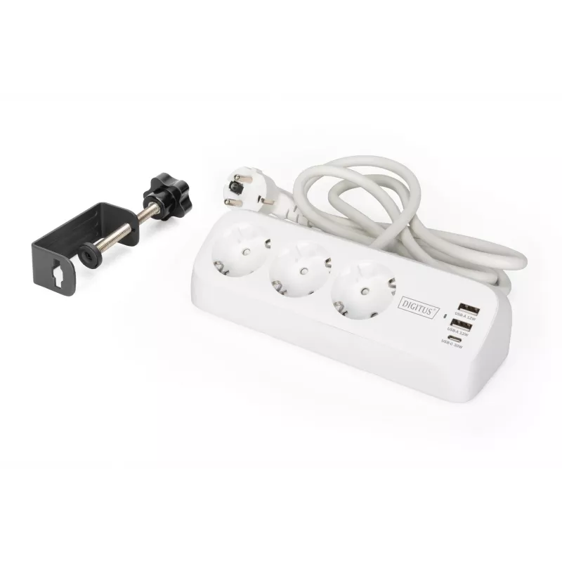 Power strip DIGITUS 3-way with 2×USB-A and 1×USB-C, 3 AC outlets Type E/F, 1.5 m cable, white