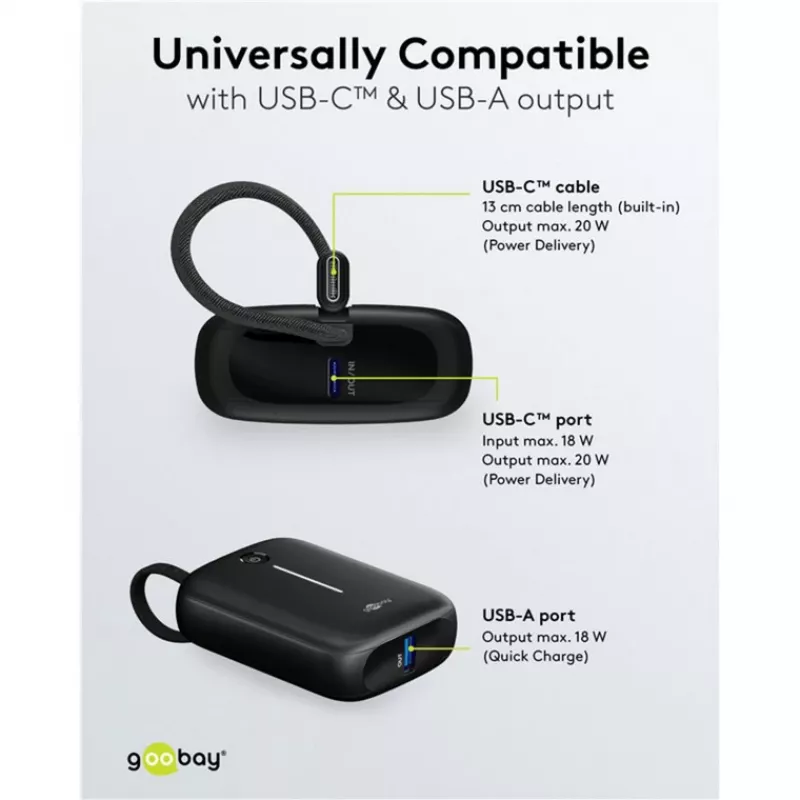 Portable Power Bank Goobay 10,000 mAh with Integrated USB-C Cable - 20W Compact Travel (76251)