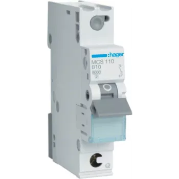 Hager MCS110. Rated Current: 10 A. Type: C-type, Module Quantity (max): 1 Module(e). Width: 17,5 mm, Depth: 70 mm, Height: 83,4 mm (MCS110)
