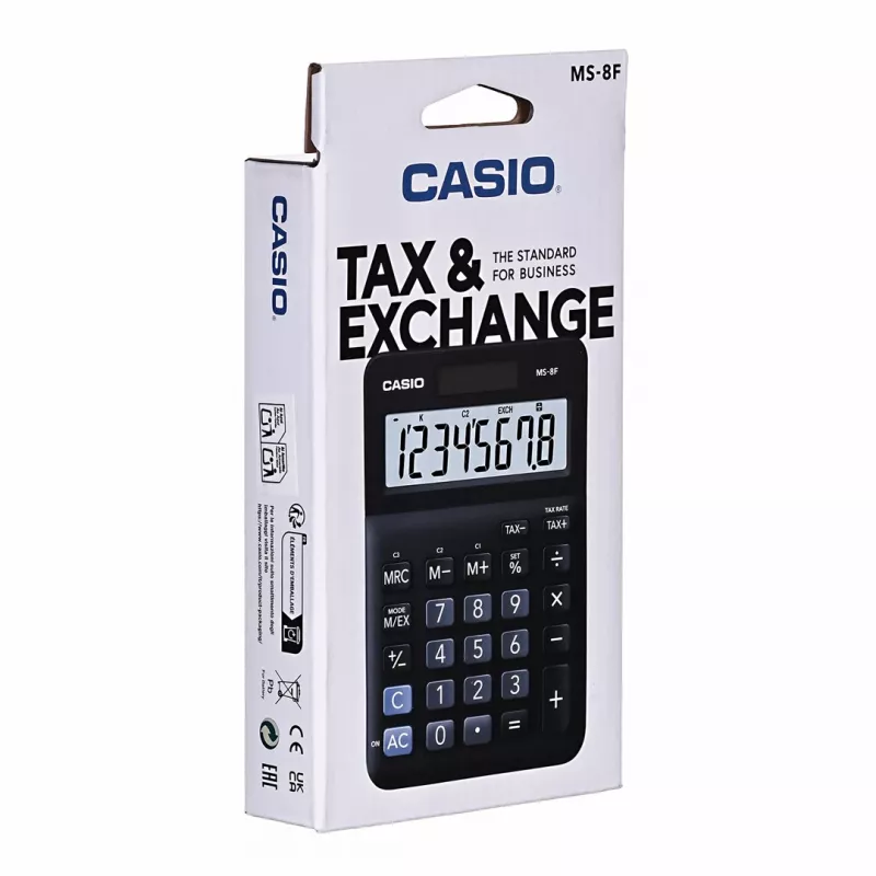 Desktop Basic Calculator CASIO MS-8F – 8-digit, battery/solar, 26 keys, currency & tax functions, profit calc, black