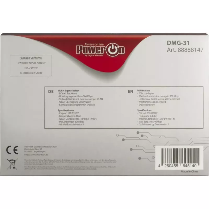 Inter-Tech DMG-31 - Built-In - Wireless - PCI Express - Wi-Fi - Wi-Fi 4 (802.11n) - 300 Mbit/s (88888147)