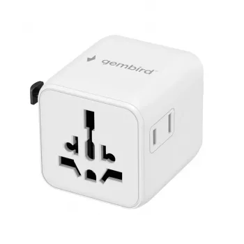Universal travel power adapter GEMBIRD TPA-INT-01-W — input 100–250V, Type G plug, compact dimensions 84×56×85 mm