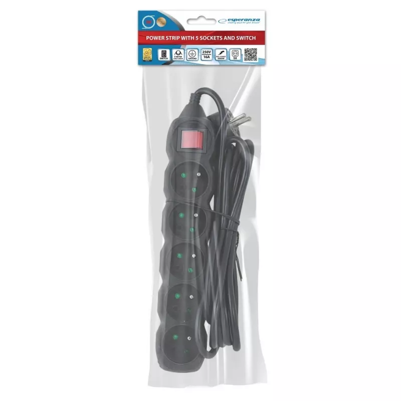 Power extension ESPERANZA ELK215K – 3 m cable, 5 Type E AC outlets, indoor, black