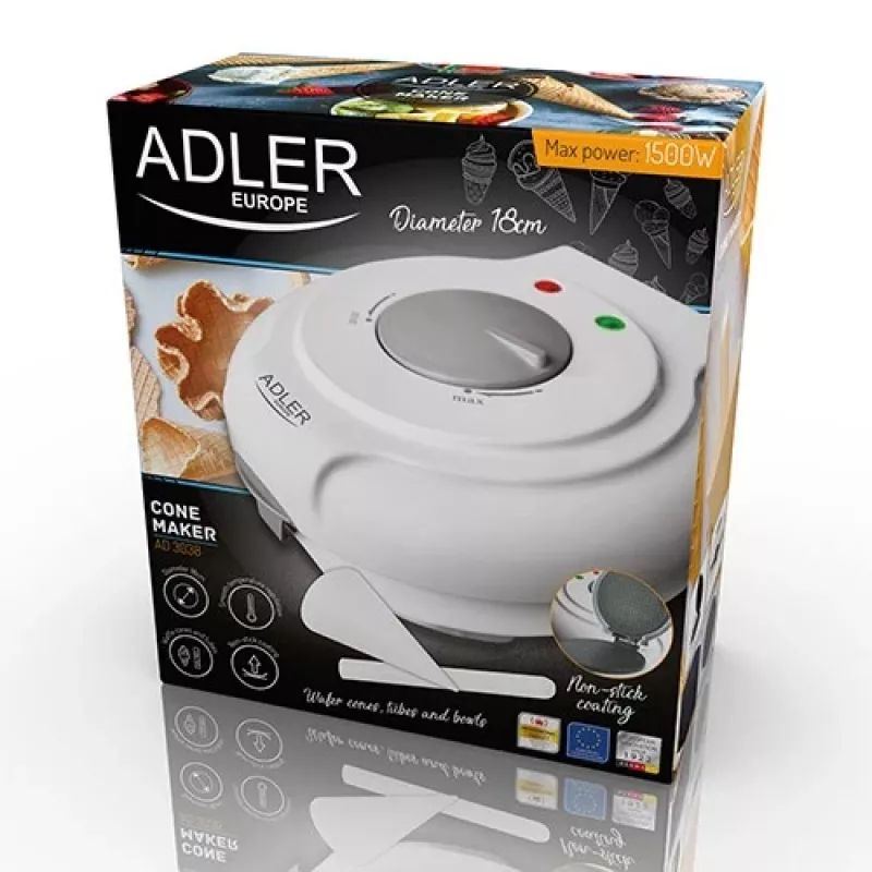 Waffle iron Adler AD 3038 — single circular waffle, 1500 W, adjustable thermostat, non-stick plates, grey/white