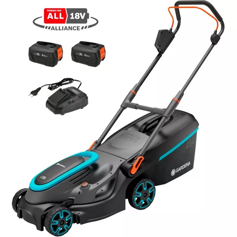 Battery-Lawn Mower PowerMax 37/36V P4A Ready-To-Use Set, 36Volt (2x18V) (black/Grey, 2x Li-Ion Battery 4,0Ah, POWER FOR ALL ALLIANCE)