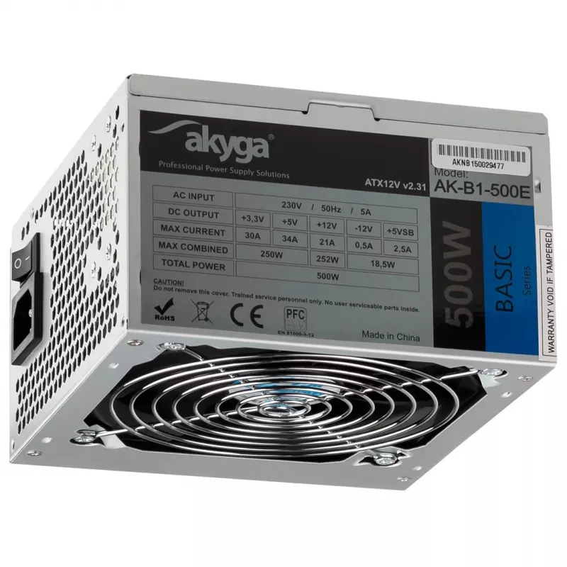 ATX power supply Akyga AK-B1-500E 500 W, 120 mm fan, 20+4 pin ATX, 3× SATA, passive PFC