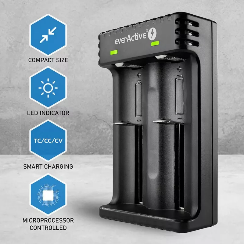 Battery charger everActive LC200 household USB, 2-bay, Li-Ion, supports A/AA/AAA/AAAA/C/D, 5 V input, 4.2 V output, black