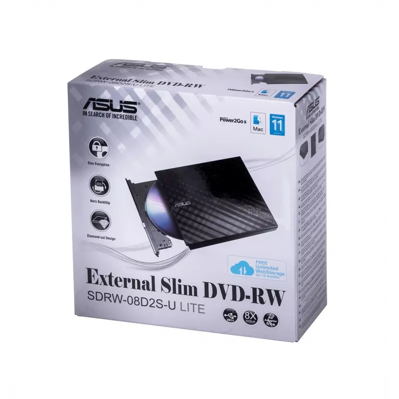 External DVD±RW optical drive ASUS SDRW-08D2S-U Lite, USB 2.0, black, 24x CD / 8x DVD, 142×142×20 mm