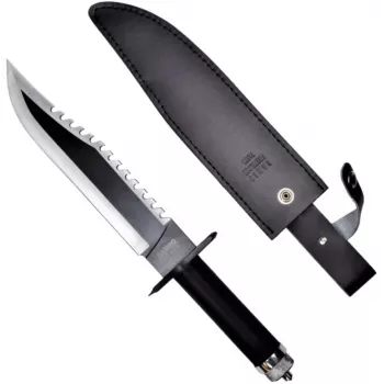 Fixed survival knife cinema classic CC-H2 — 400 mm overall, 250 mm steel blade, smooth and serrated, black handle, includes leather scabbard
