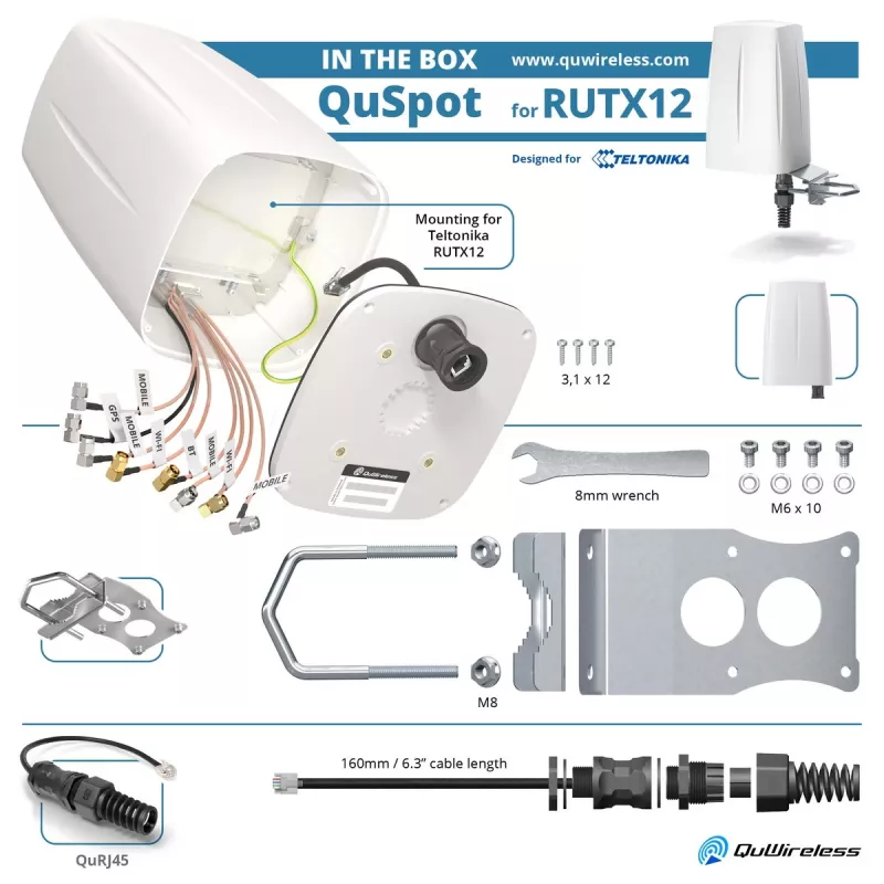 Omni-directional network antenna QuWireless QuSpot AX12S PoE/LAN, multi-band 0.694–6 GHz, max gain 3 dBi, white