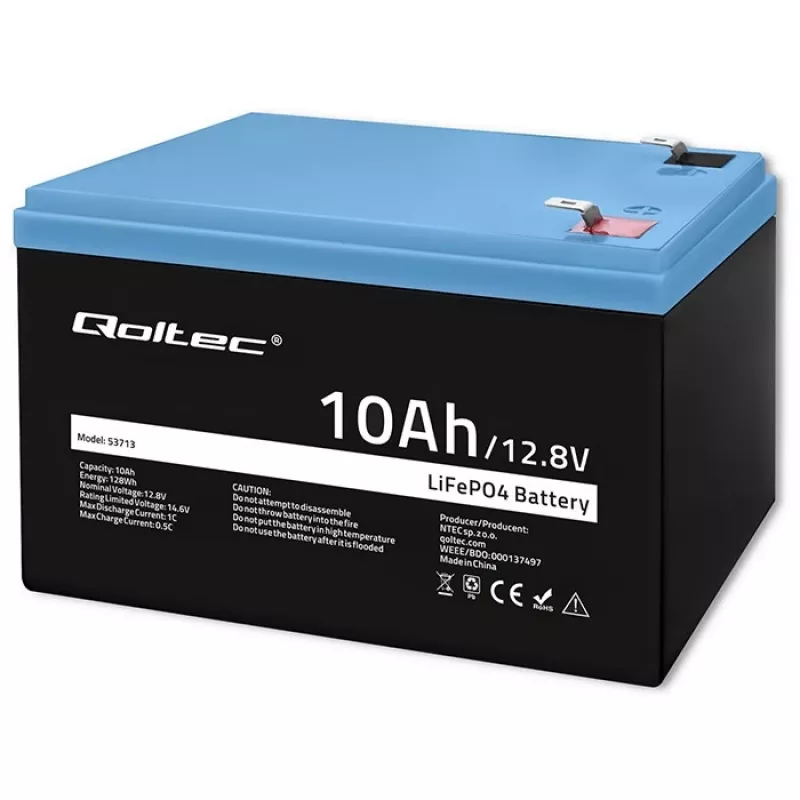 Rechargeable LiFePO4 battery QOLTEC 10Ah 12.8V 128Wh with integrated BMS