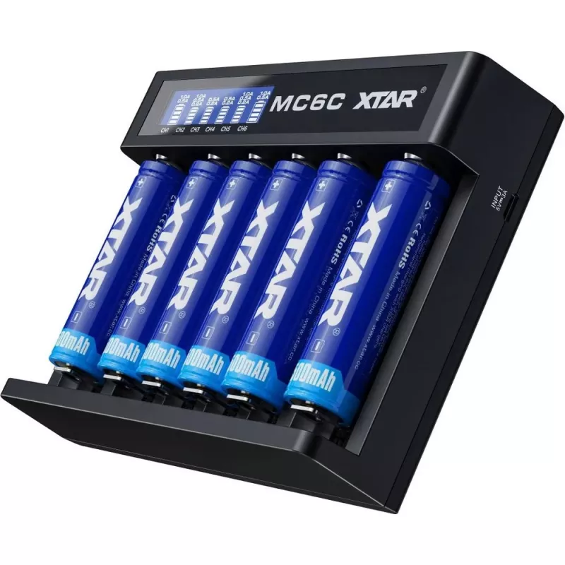 Battery charger XTAR MC6C multi-slot smart charger for cylindrical Li‑ion cells, 6‑bay, supports 18650/21700/AA, 5V input, black