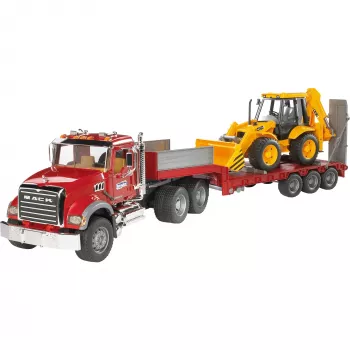 Toy low loader truck with JCB 4CX accessory, BRUDER, model BR-02813, ABS construction, multicolour