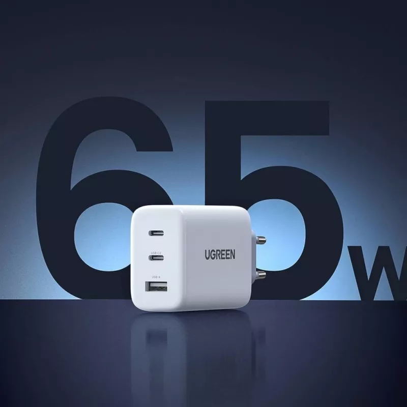 Wall charger UGREEN CD275 2× USB Type-C 65W White — dual USB-C 65W fast charging, 100–240V input