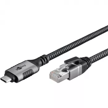 Ethernet-Cable USB-C 3.2 Gen2 Plug > RJ-45 Plug, LAN-Adapter black/Silver, 1,5 Meter, braided textile jacket