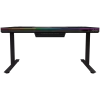 Dual-motor sit/stand adjustable-height gaming desk with built-in PC case, wireless charger, RGB lighting, control panel, and USB ports, tempered glass tabletop, black.