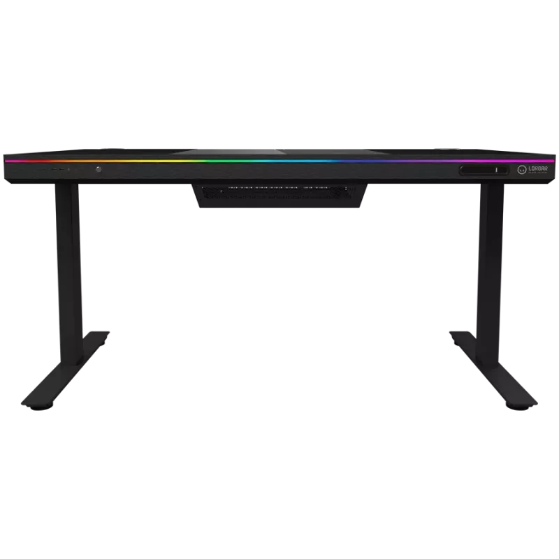 Dual-motor sit/stand adjustable-height gaming desk with built-in PC case, wireless charger, RGB lighting, control panel, and USB ports, tempered glass tabletop, black.