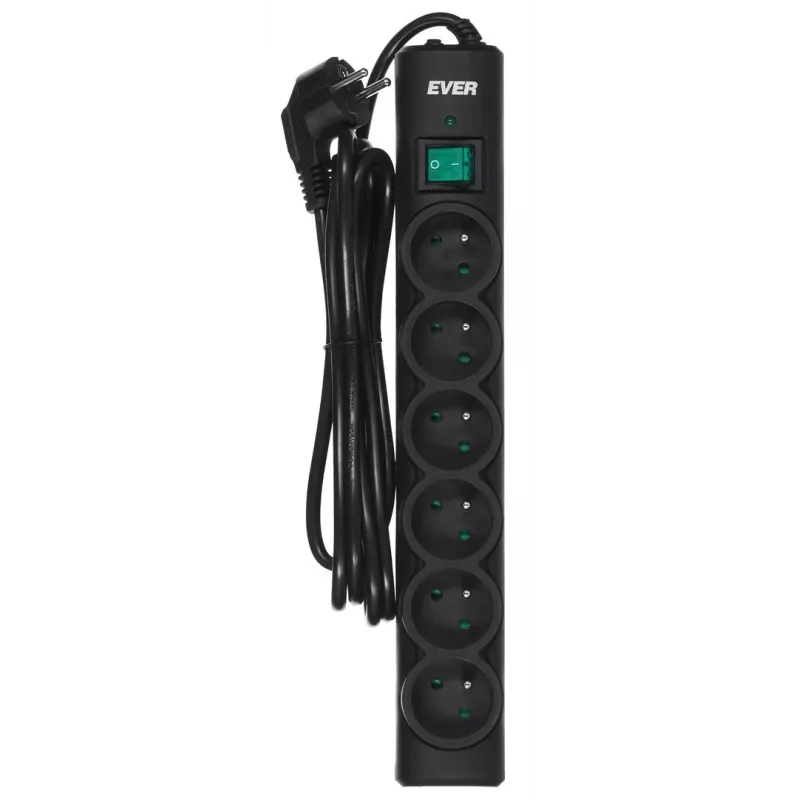 Power strip EVER Optima 3 m cable, 6 AC outlets, 250 V, 10 A, surge protection 175 J, black