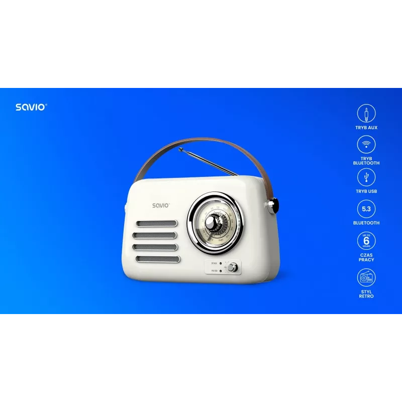 Portable radio SAVIO RS-02 — analog FM tuner, Bluetooth 5.3, USB power, 3 W, white