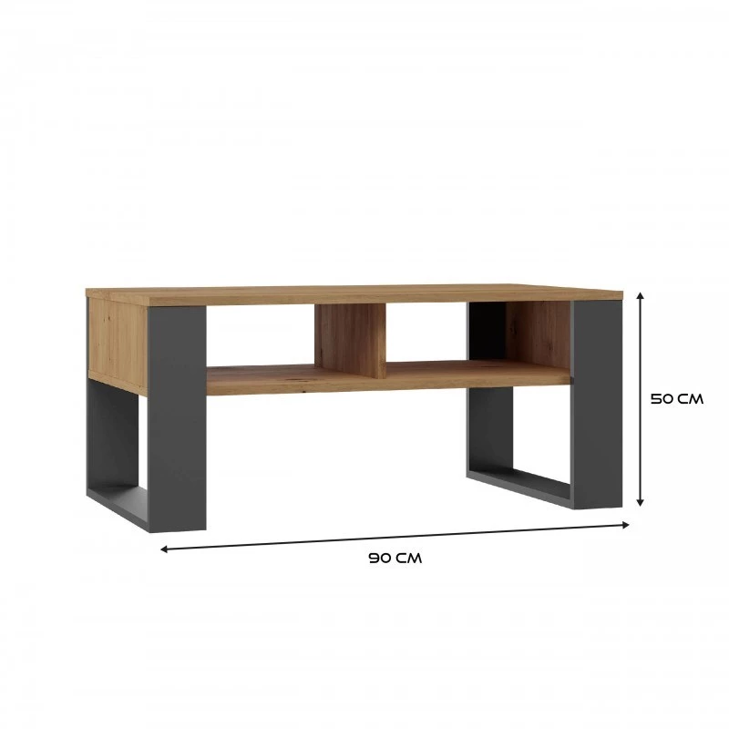 Coffee table top e shop Modern 90×58×50 cm, anthracite frame, Artisan oak shelves, matte