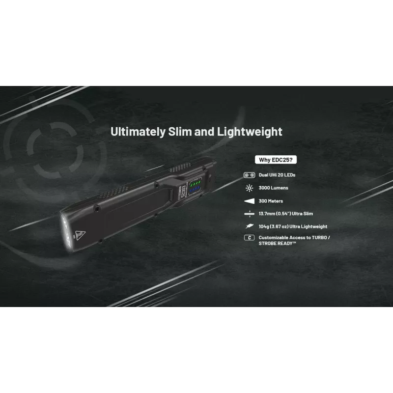 Tactical flashlight Nitecore EDC25 — dual-LED, 15 lm, aluminium body, USB-rechargeable, IP54, shockproof, black