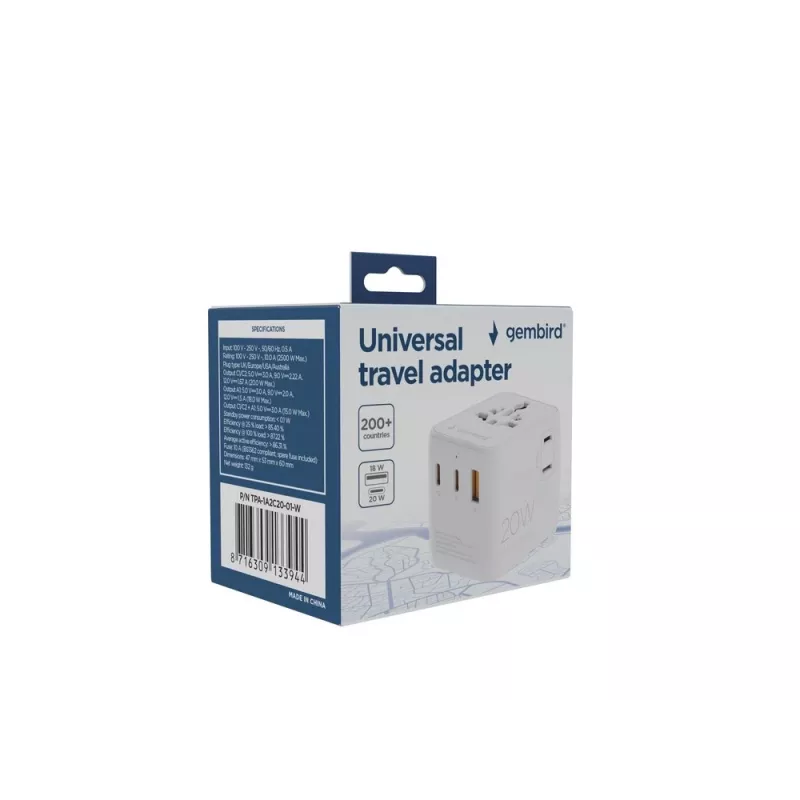 Travel power adapter GEMBIRD TPA-1A2C20-01-W — 20 W, USB-A (18 W) + 2× USB-C (20 W), Type E plug, white