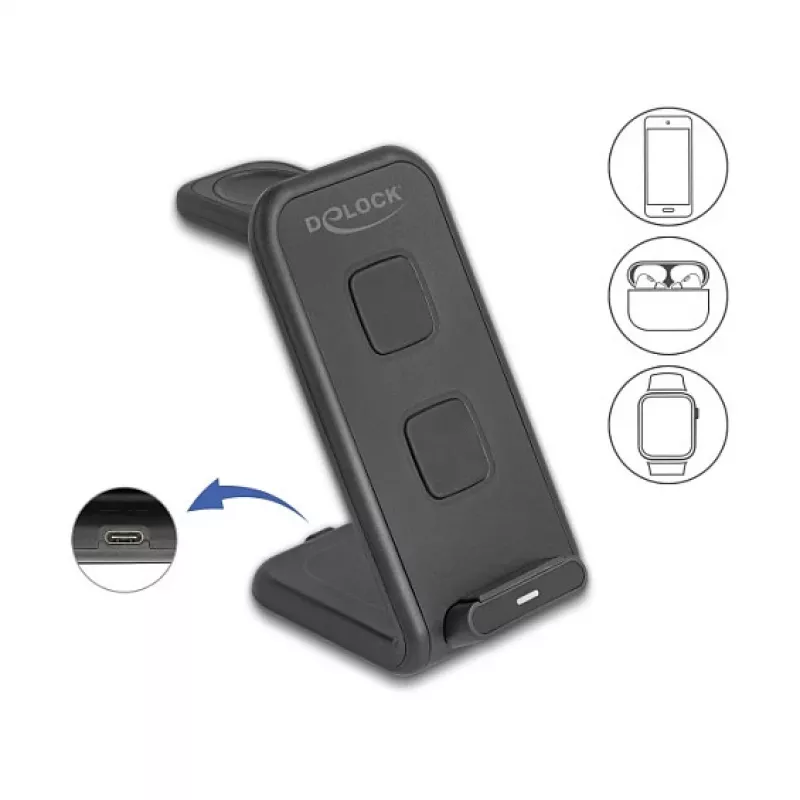 DELOCK 66941 Wireless Charger 3-in-1 for Smartphone Smartwatch Headphones USB Type-C 15W Indoor Black