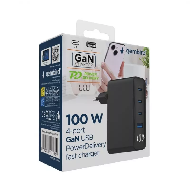 Gembird TA-UC-PDQC100LCD-01-BK mobile device charger Laptop, Smartphone Black AC Fast charging Indoor