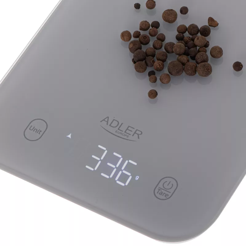Kitchen scale Adler AD 3181, tempered glass, 10 kg capacity, 1 g accuracy, LCD display, grey