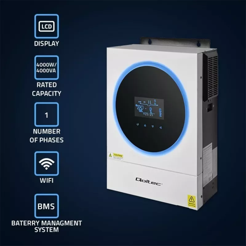 Qoltec, voltage converter, hybrid solar inverter Off-Grid 4kVA 4kW 120A MPPT LCD Wi-Fi BMS Sinus