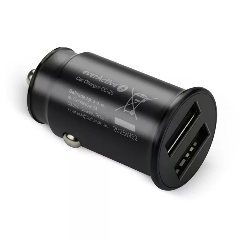 Car charger everActive CC-25 — 2x USB ports, 12W total output, 12V–24V vehicle power