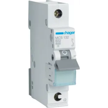 Hager MCS132. Rated Current: 32 A. Type: C-type, Module Quantity (max): 1 Module(e). Width: 17,5 mm, Depth: 70 mm, Height: 83,4 mm (MCS132)