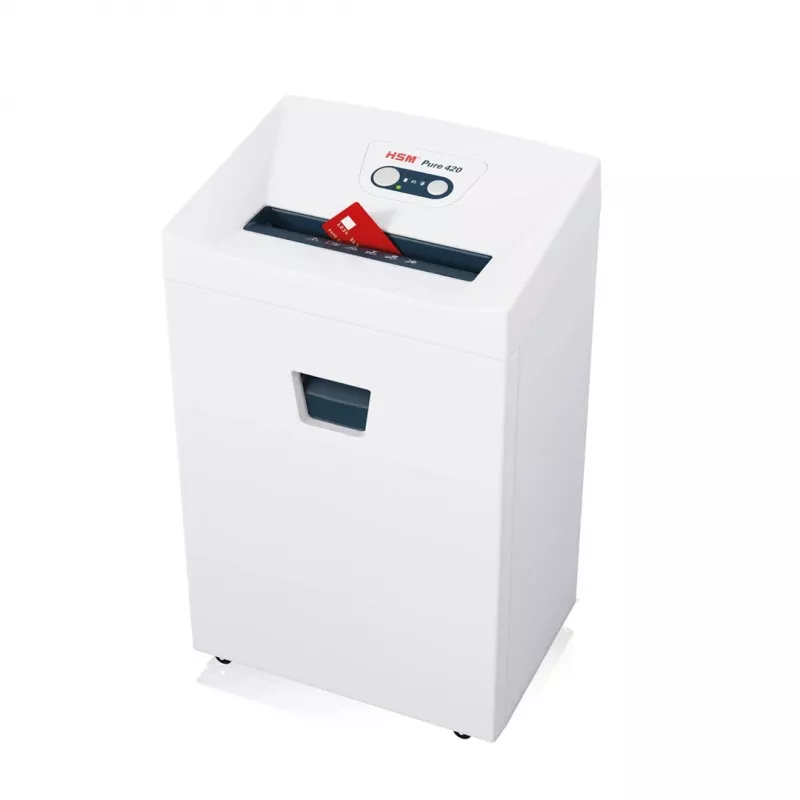 Shredder HSM Pure 420 — particle-cut P-4, 24 cm working width, 15-sheet capacity, 35 L bin, white