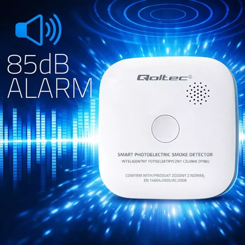 Wireless smoke detector QOLTEC model 52653 with 85 dB battery alarm