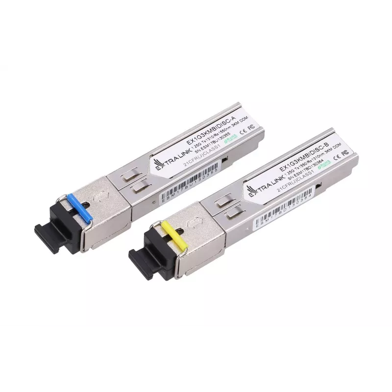 SFP WDM fiber transceiver pair Extralink 1.25G 1310/1550nm single‑mode 3km SC DOM