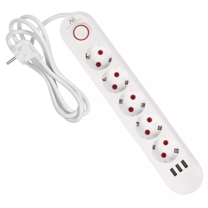 Power strip MACLEAN MCE395 W — 5 sockets, 3× USB A, 110–240 V AC, 2.1 A USB, max 2500 W, white, 1.5 m cable
