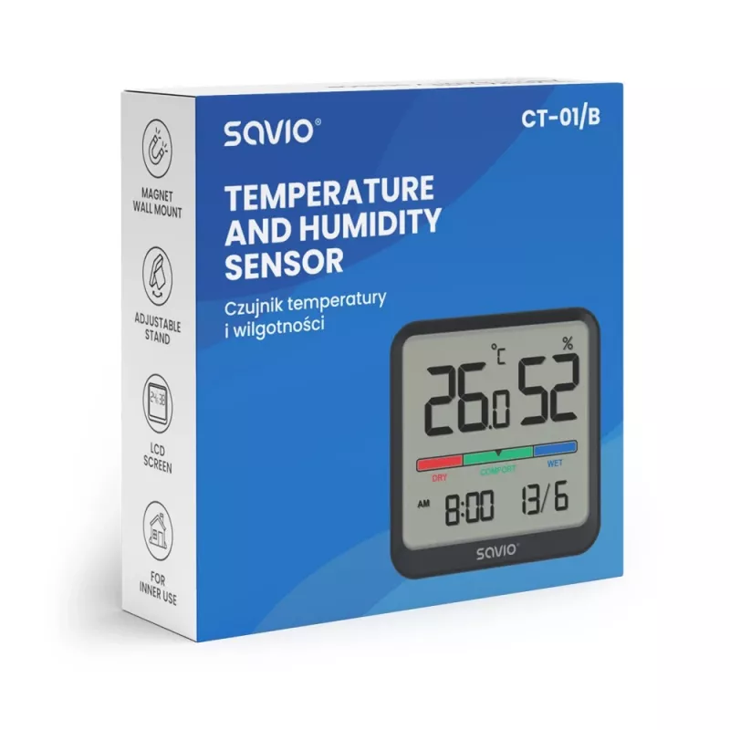 Indoor temperature and humidity sensor SAVIO CT-01/B freestanding, LCD, -10–55°C, 10–99% RH, CR2032