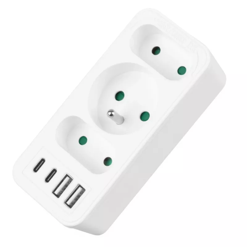 Power splitter MACLEAN MCE248 F/W — 3 AC sockets (1×16A, 2×6A) + 4×USB (2×A, 2×C PD 20W), EU plug, white