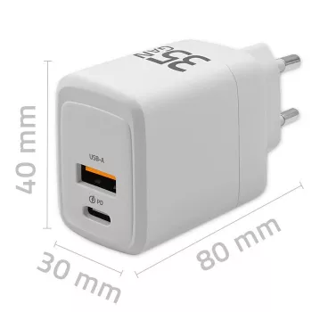 Charger QOLTEC 51824 GaN 35W USB-C PD & USB QC 3.0, 5–20V, 1x USB-C, 1x USB-A