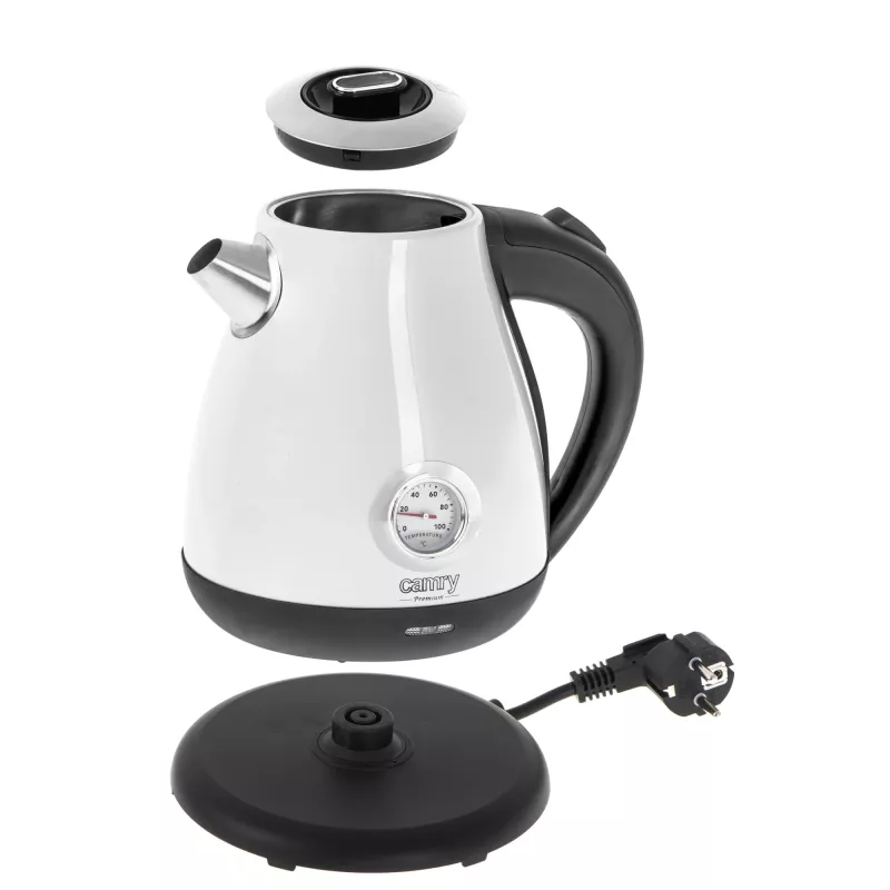 Electric kettle Camry CR 1344 — 1.7 L, 2200 W, stainless steel, built-in thermometer, 360° base, white
