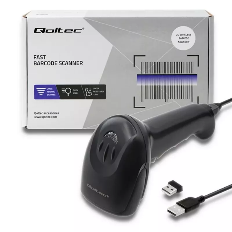 Handheld barcode reader QOLTEC 50868 — 1D/2D laser scanner, USB wired & wireless, working distance 600 mm, black