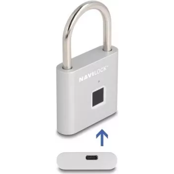 Padlock Navilock 20966 biometric fingerprint lock, 75×45 mm, silver