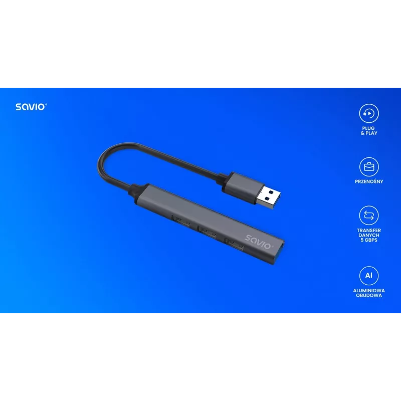 USB hub SAVIO AK-70, 7-port USB 3.0, 4 usable ports, USB Type-A host, 5 Gbit/s transfer, warranty 2 years
