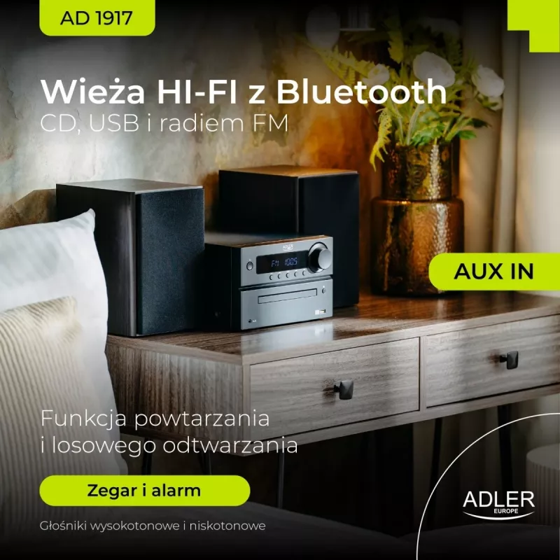 Mini Hi‑Fi Stereo System Adler AD 1917 — Bluetooth V5.3, CD/USB/MP3, 2×25W RMS, FM tuner, 4‑band EQ, AUX, Black