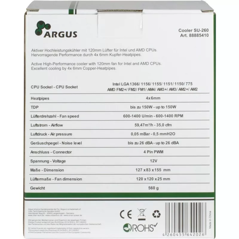 Inter-Tech Argus SU-260 - processor - Cooler - 12 cm - LGA 1150 (Socket H3) - LGA 1151 (Socket H4) - LGA 1155 (Socket H2) - LGA 1156 (Socket H) - LGA 775... - AMD A - Intel® Celero
