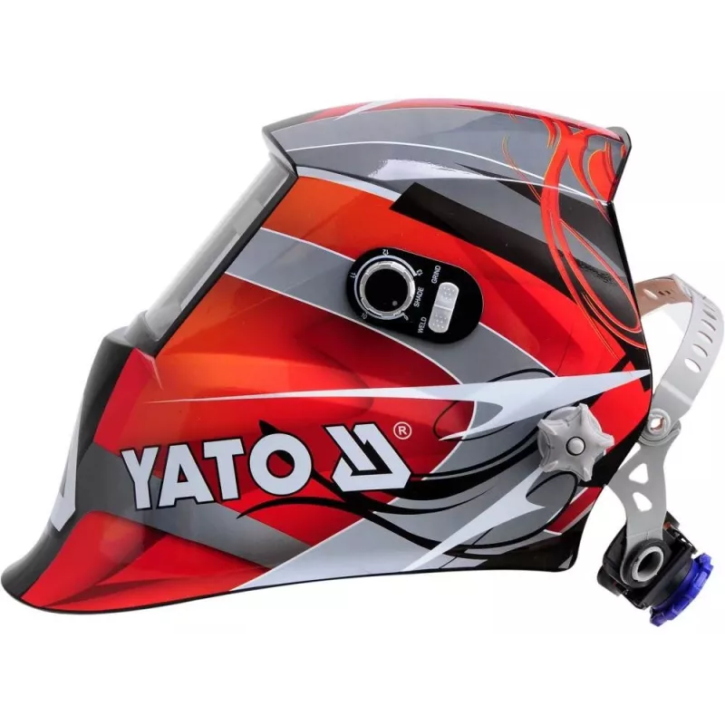 Welding helmet YATO YT-73921 with auto‑darkening filter, shade 9–13, PC housing, viewing area 4.3×9.8 cm, battery 3V