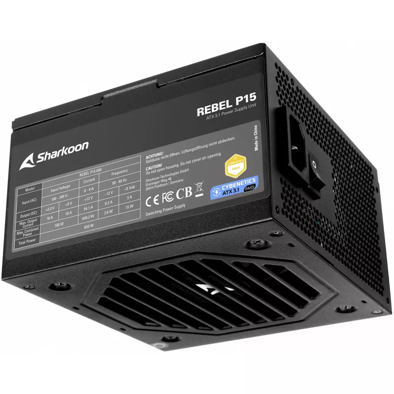 Power supply Sharkoon Rebel P15 650 — 650W, 1x 12‑pin High Power GPU connector, 2x PCIe, modular cables