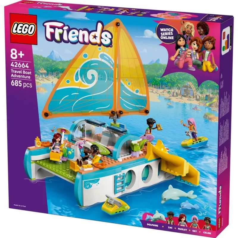 LEGO Friends playset Travel Boat Adventure 42664 — 685 pieces, 4 mini-dolls, ages 8+, 260×190×320 mm