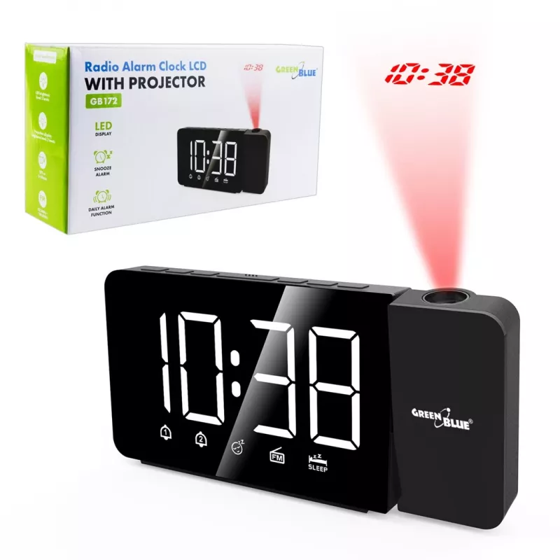 Digital LED clock radio GreenBlue GB172 with FM tuner, projector, thermometer, USB 5V & CR2032 power